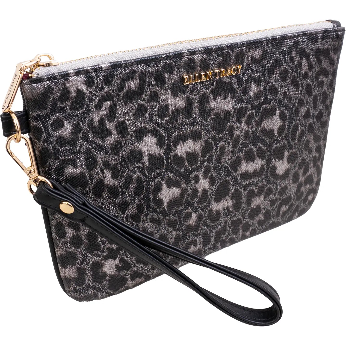 Ellen Tracy Metallic Leopard Faux Leather Print Wristlet